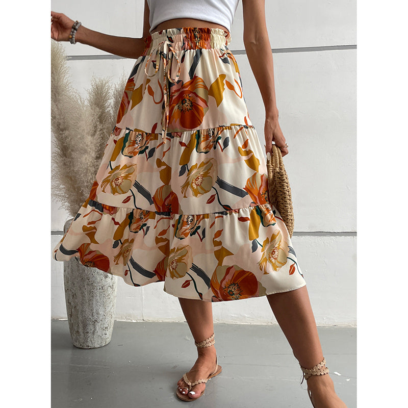 Boho Chic Women’s Floral Tiered Midi Skirt – Flowy A-Line Elastic Waist Summer Skirt