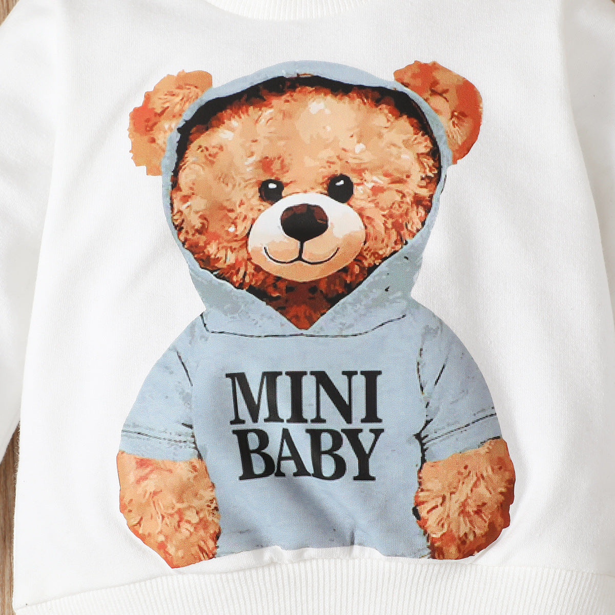 Bear Floral Print Long Sleeve Pullover And Denim Trousers Suit