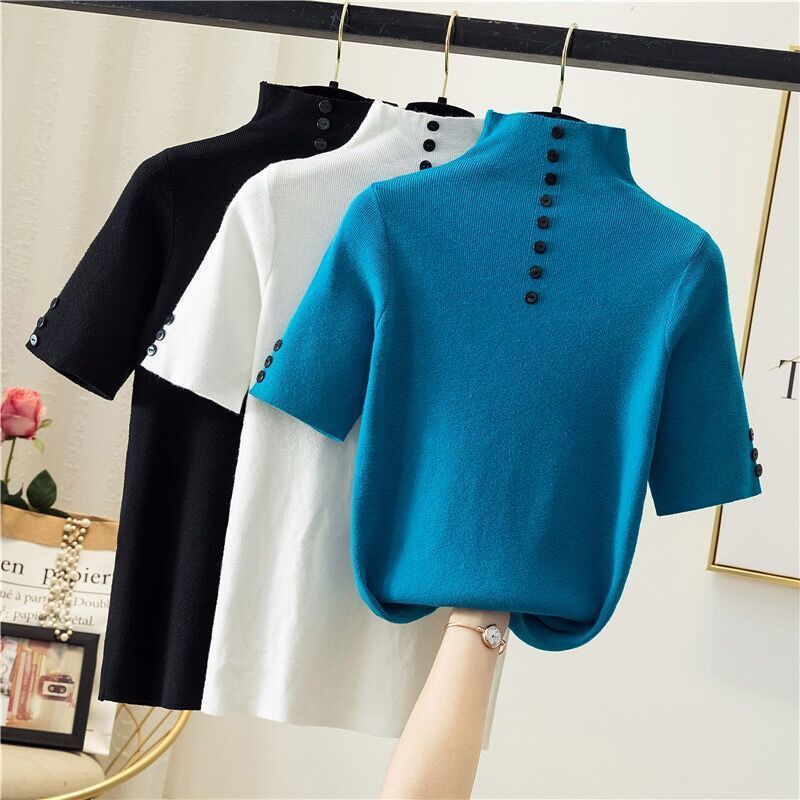 T-shirt Bottoming Shirt Knitted Women Half High Collar