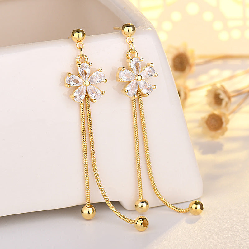 Women's Long Fringe Copper Flower Earrings Slim Korean Style
