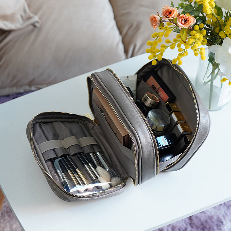 PU Leather Makeup Bag – Double Layer Storage with Mobile Phone Holder