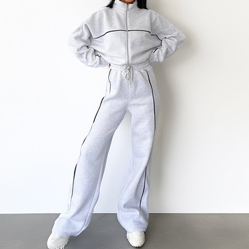 Unisex Striped Polyester Mock Neck Hoodie Suit With Trousers