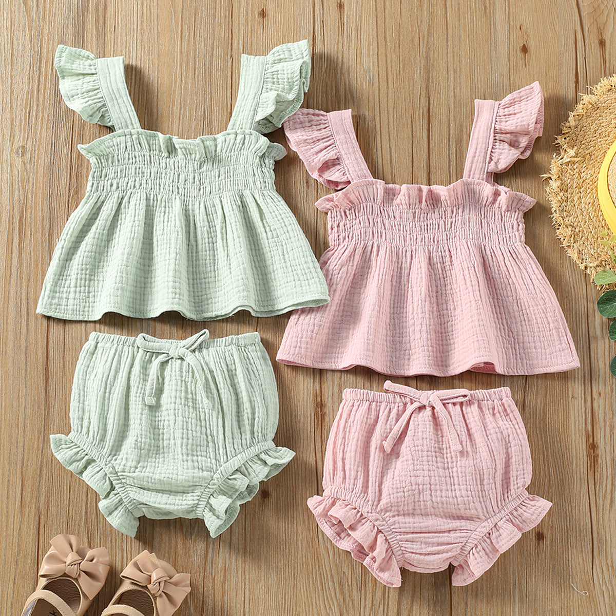 Girls’ Solid Color Sling Top with Hot Pants – Summer Baby Outfit Set