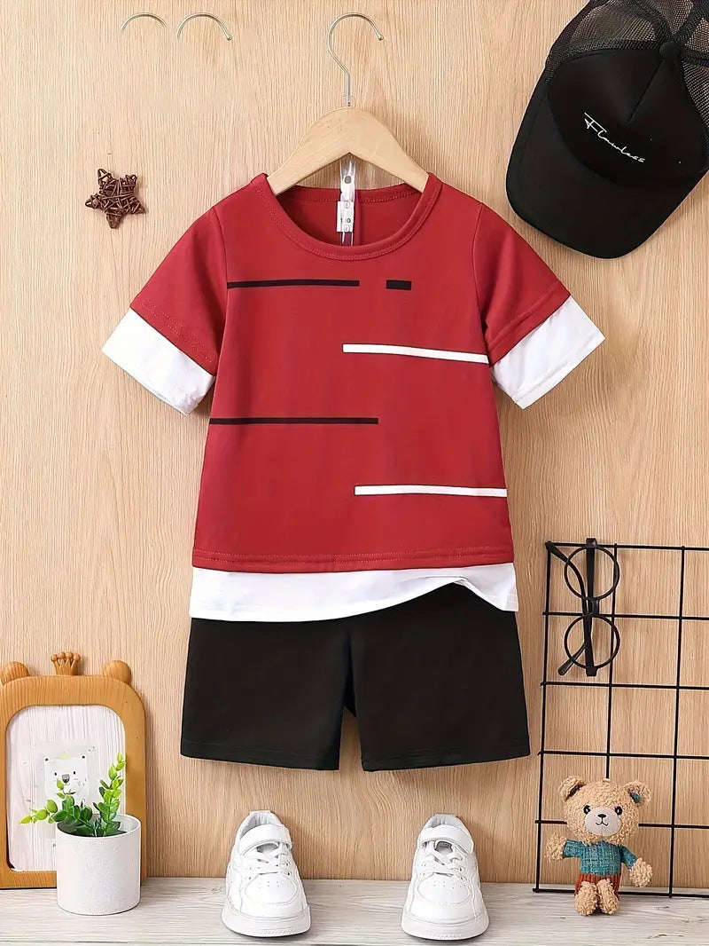 New Short-sleeved T-shirt Shorts Loose Color Matching Lines Two-piece Suit