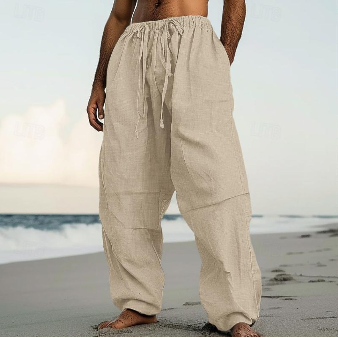 Men’s Beach Straight-Leg Pants – Plain Color Comfortable Daily Wear