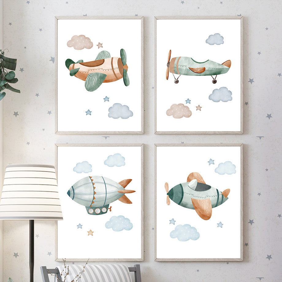 Children’s Room Wall Art – Cartoon Aircraft, Spaceship & Mountain Canvas Print