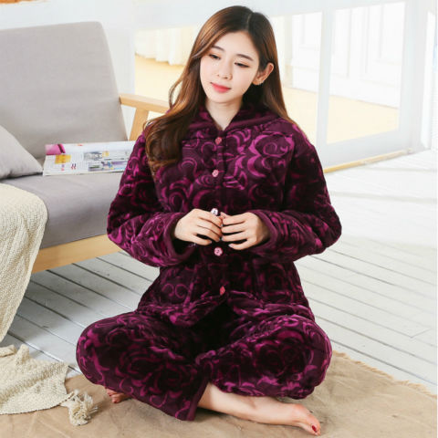 Women's Fashion Coral Fleece Three-layer Thickened Fleece-lined Warm Loungewear