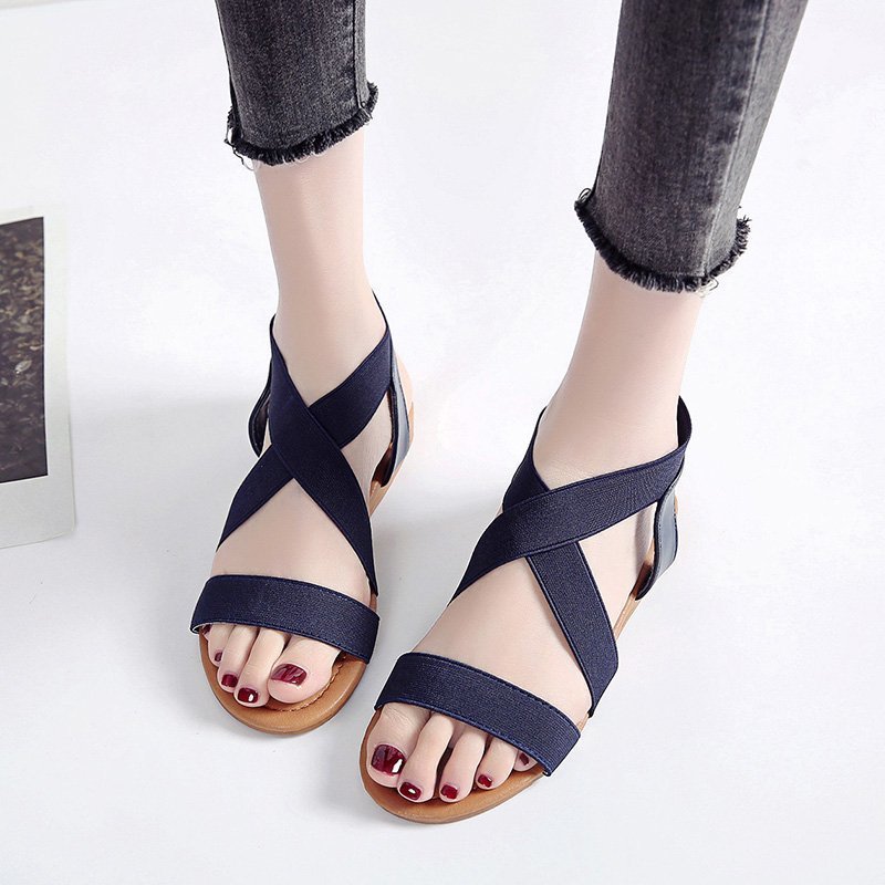 Solid Color Flat Heel Cross Elastic Band Flat Roman Style Sandals