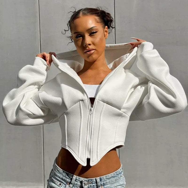 Slim Fit Zipper Hoodie Cardigan Womens Polyester Solid