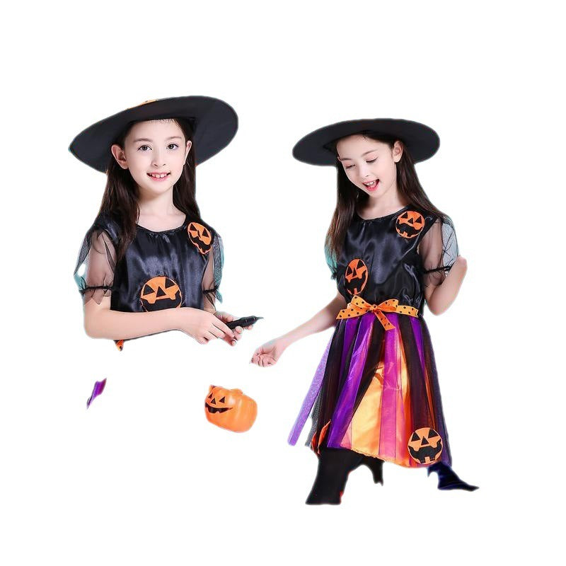 Children’s Halloween Costume Witch Dress with Hat Pumpkin Cosplay Outfit
