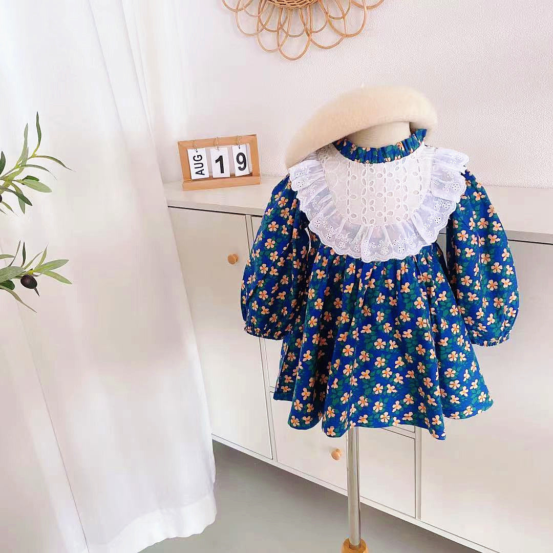 Girls Navy Floral Cotton Long Sleeve Dress With Lace Bib
