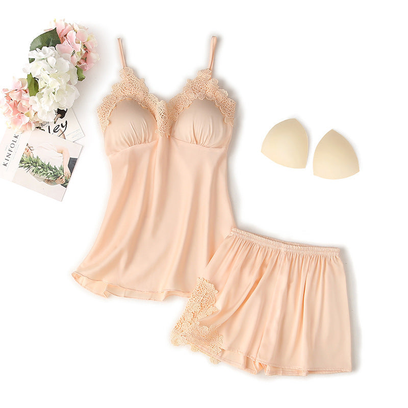 Women's Suspender Shorts Suit With Chest Pad Silk Loungewear