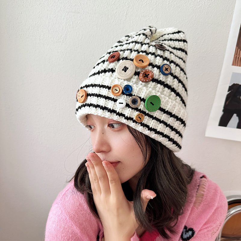 Autumn & Winter Buttons Knitted Hat – Warm Ear Protection, All-Match Cute Pile Heap Cap