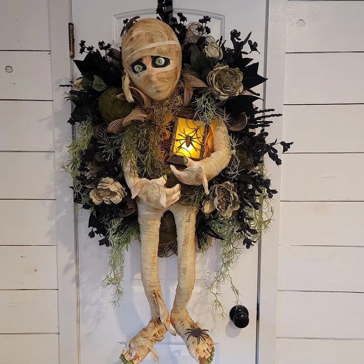 Halloween Mummy Wreath Pendant – Spooky Door Hanging Decoration for Haunted House and Party Supplies