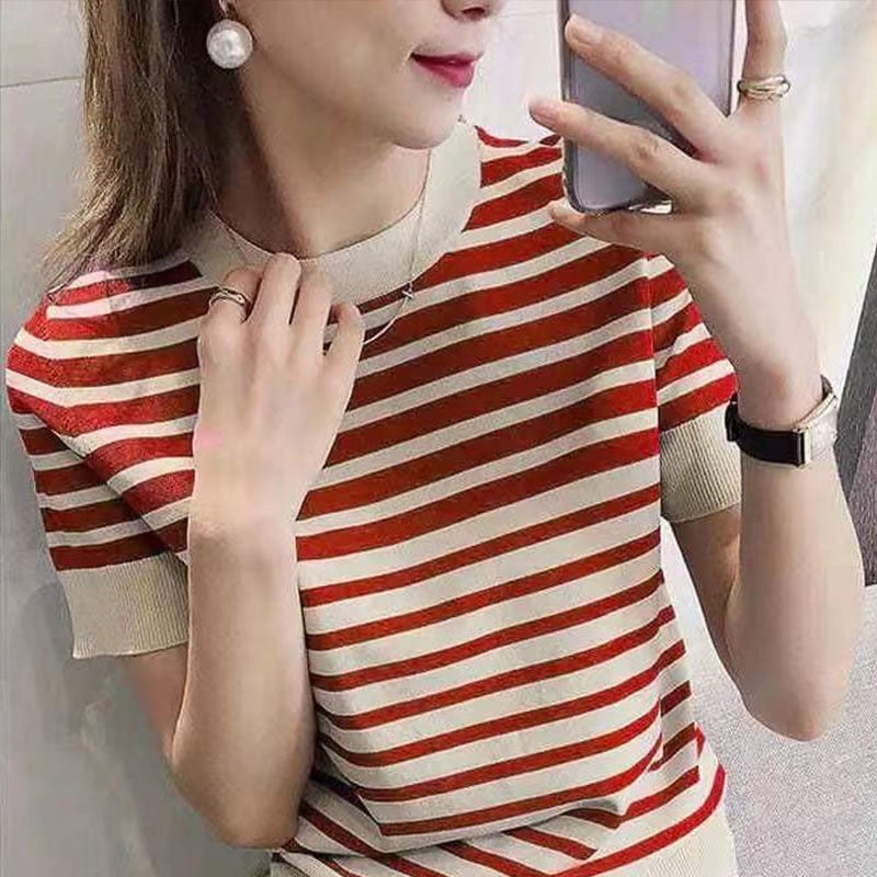 Ice Silk Sweater New Loose Round Neck Striped T-shirt Top Women