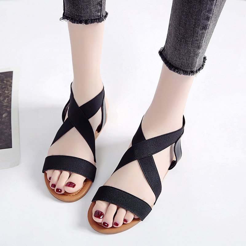 Solid Color Flat Heel Cross Elastic Band Flat Roman Style Sandals