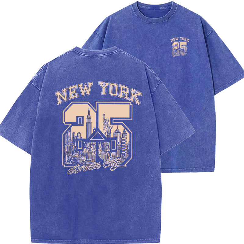 Unisex Relaxed Washed Vintage Print Short Sleeve Cotton Tee