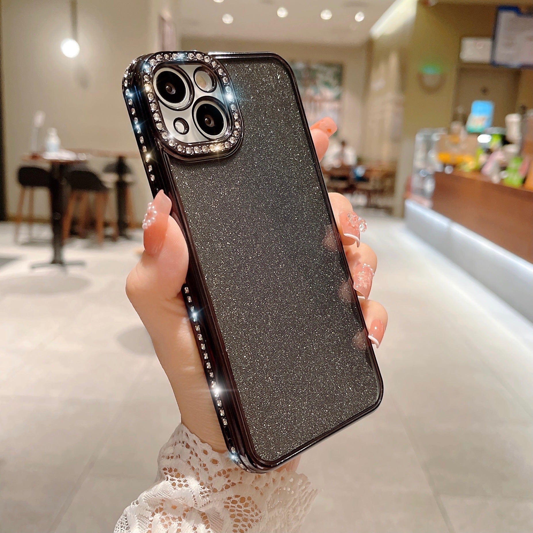 Glitter Rhinestone Electroplated Straight Edge Transparent Drop-resistant Protective Shell