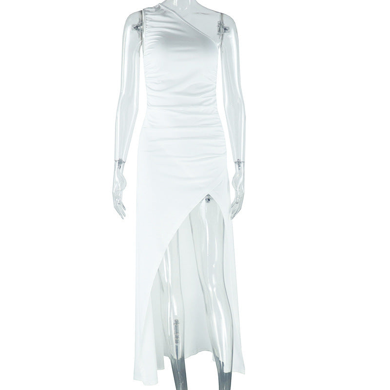 Fashion Solid Color Diagonal Collar Exposed Shoulder Sleeveless Split Dress