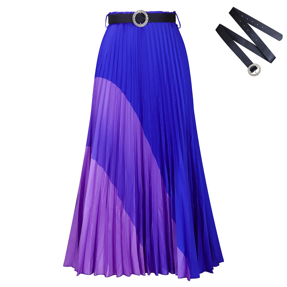 Colorblock Long A-Line Skirt with Belt – Street Fashion Pleated Maxi Skirt