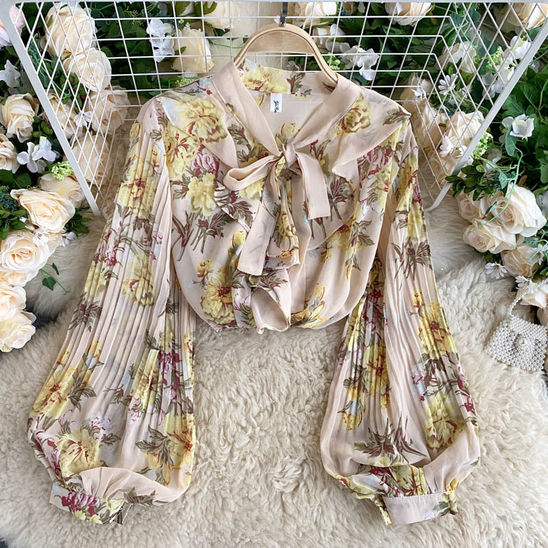 French Retro Girly Age-reducing Blouse Women V-neck Bow Tie Lantern Long-sleeved Pure Printed Western Style Shirt Women
