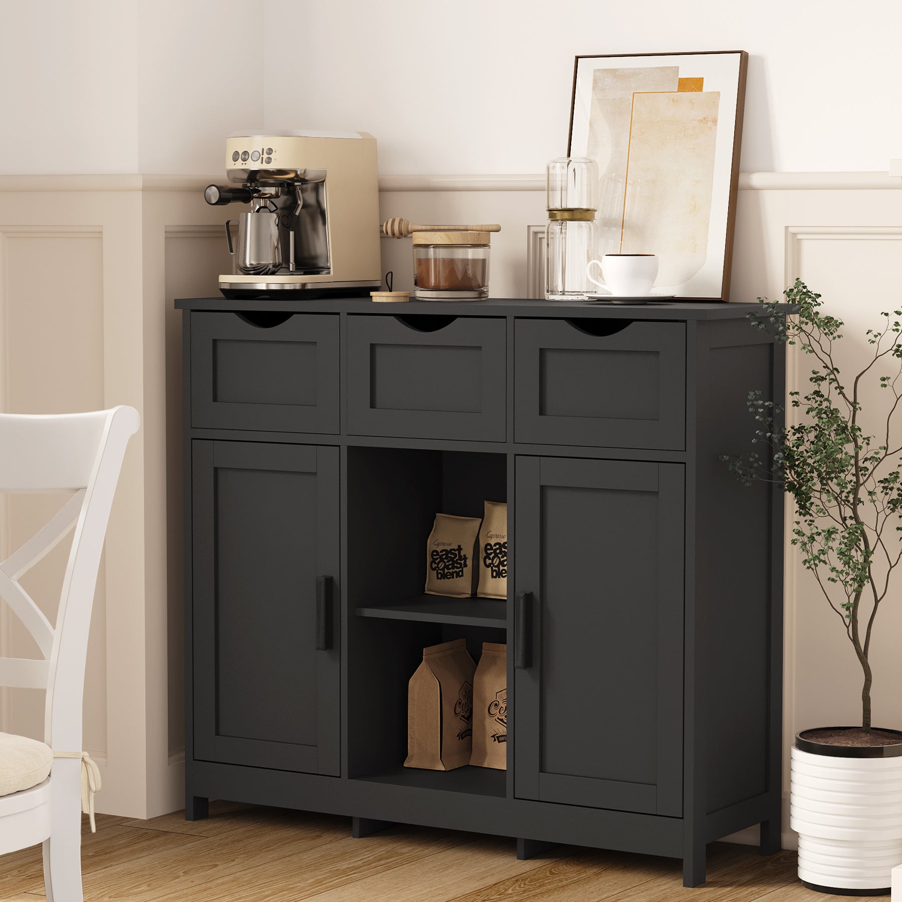 Wooden Floor Storage Cabinet with Drawers and Shelves