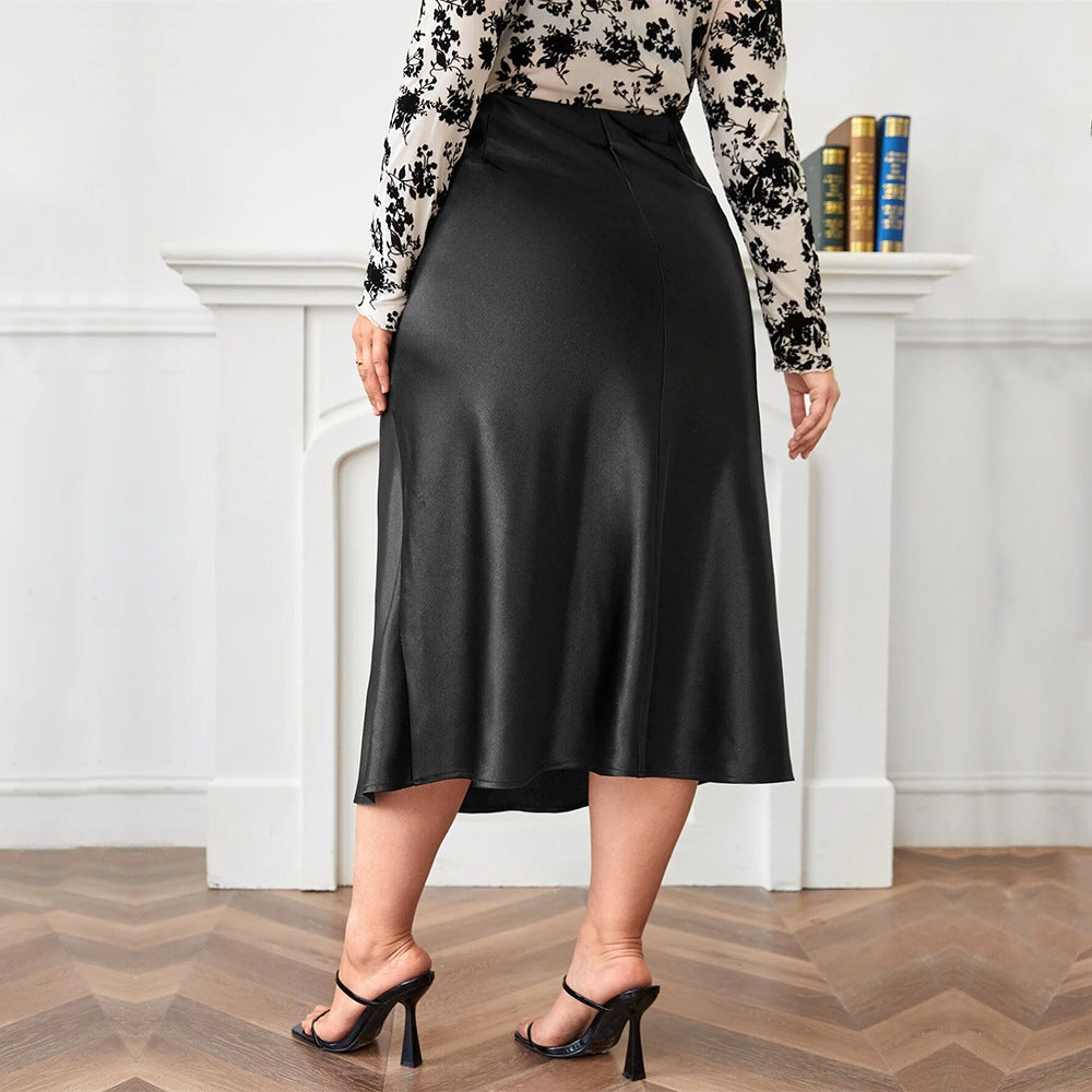 Plus Size Satin A-Line Skirt – Elegant Collage Stitch Design