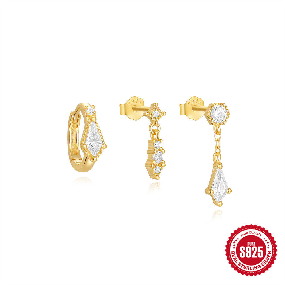 S925 Sterling Silver Geometric Zircon Tassel Daily Wear Earring Set