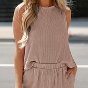 Smoke Gray Corded Sleeveless Top And Pocketed Shorts Set