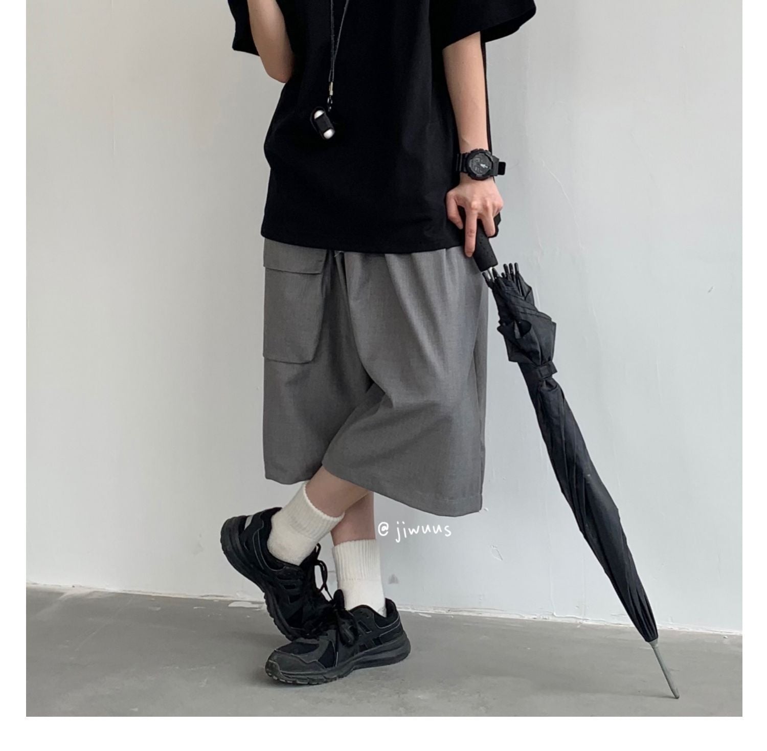 Men's Japanese Retro Cropped Polyester Shorts Solid Color