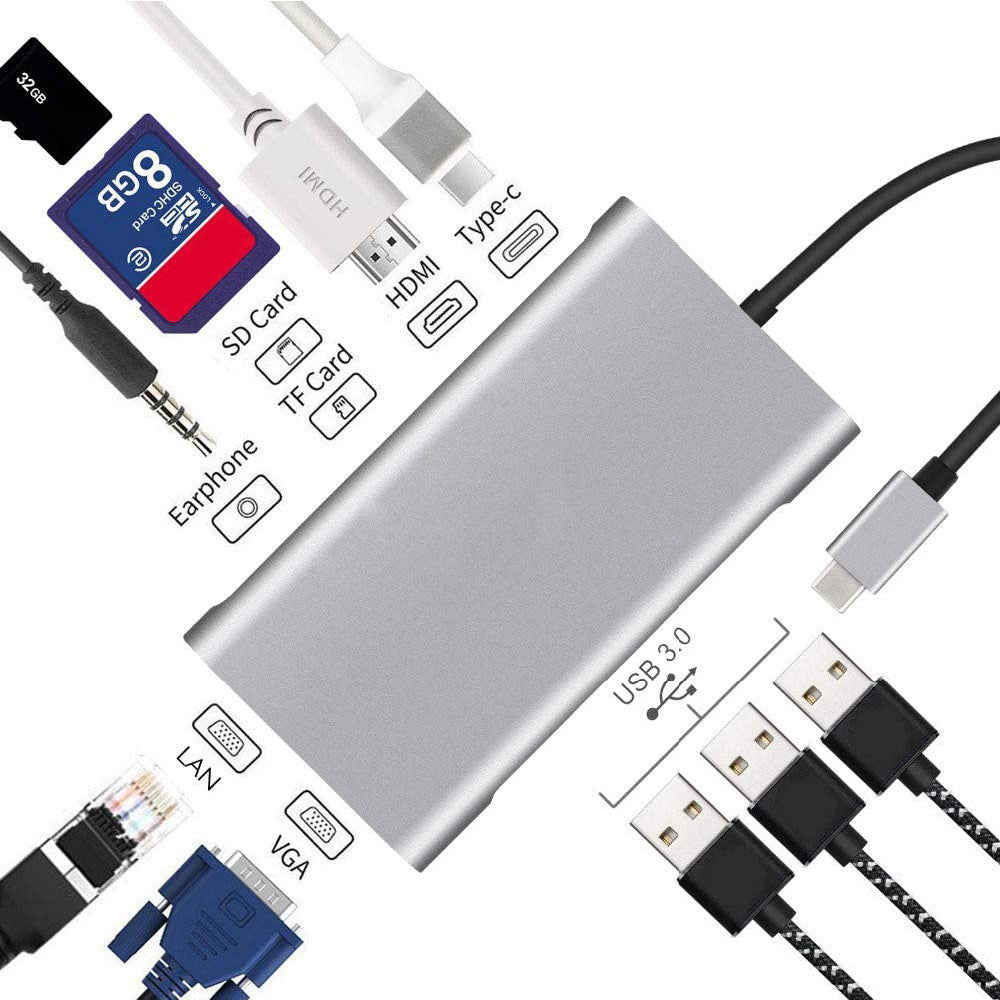 10-in-1 USB-C Hub with HDMI – 4K Display, Gigabit Ethernet, 3×USB, SD/MicroSD, 100W PD