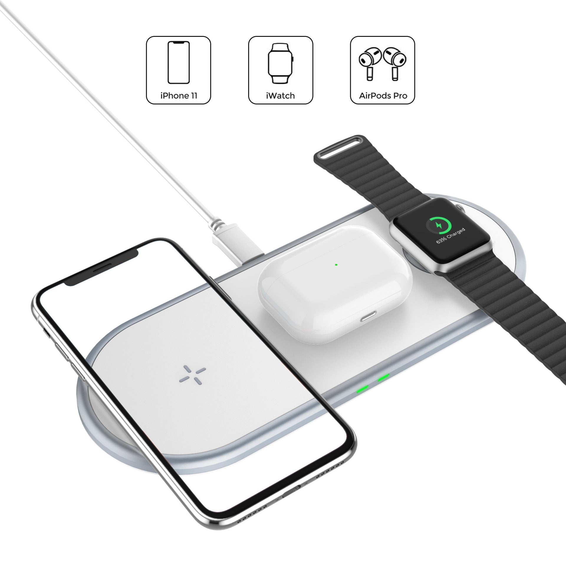 3-in-1 Wireless Charger – 15W Qi Dock for Phone, Watch & Earbuds (USB-C)