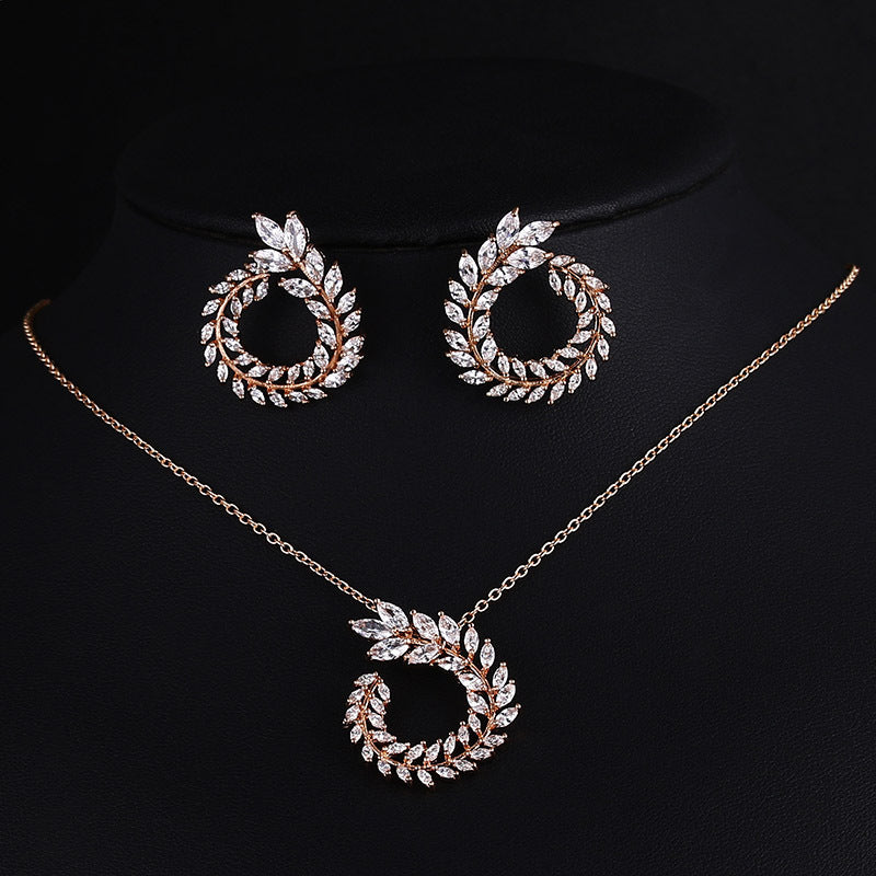 Classic Style High-end Necklace Earrings Set Olive Branch Bridal Jewelry