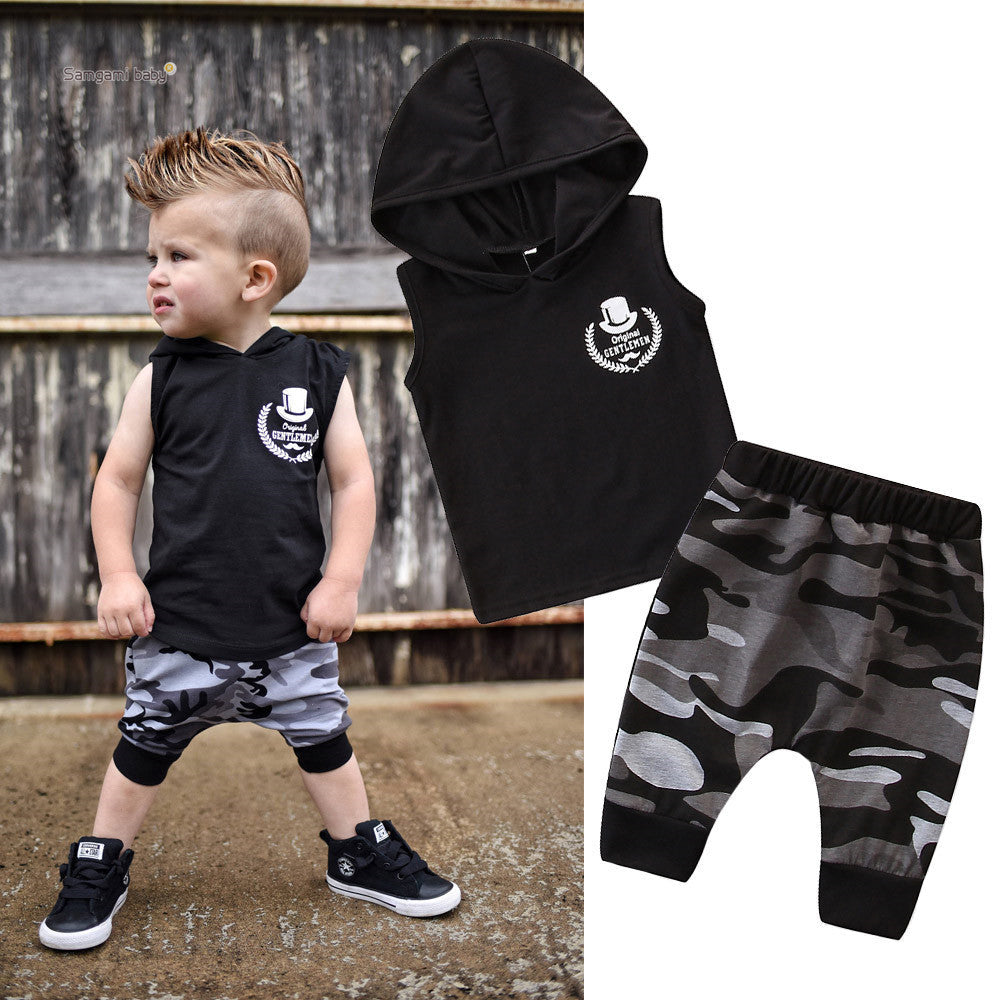 Kids Sleeveless Hoodie Tee Cotton Camo Pants Set Slim Fit