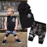 Kids Sleeveless Hoodie Tee Cotton Camo Pants Set Slim Fit