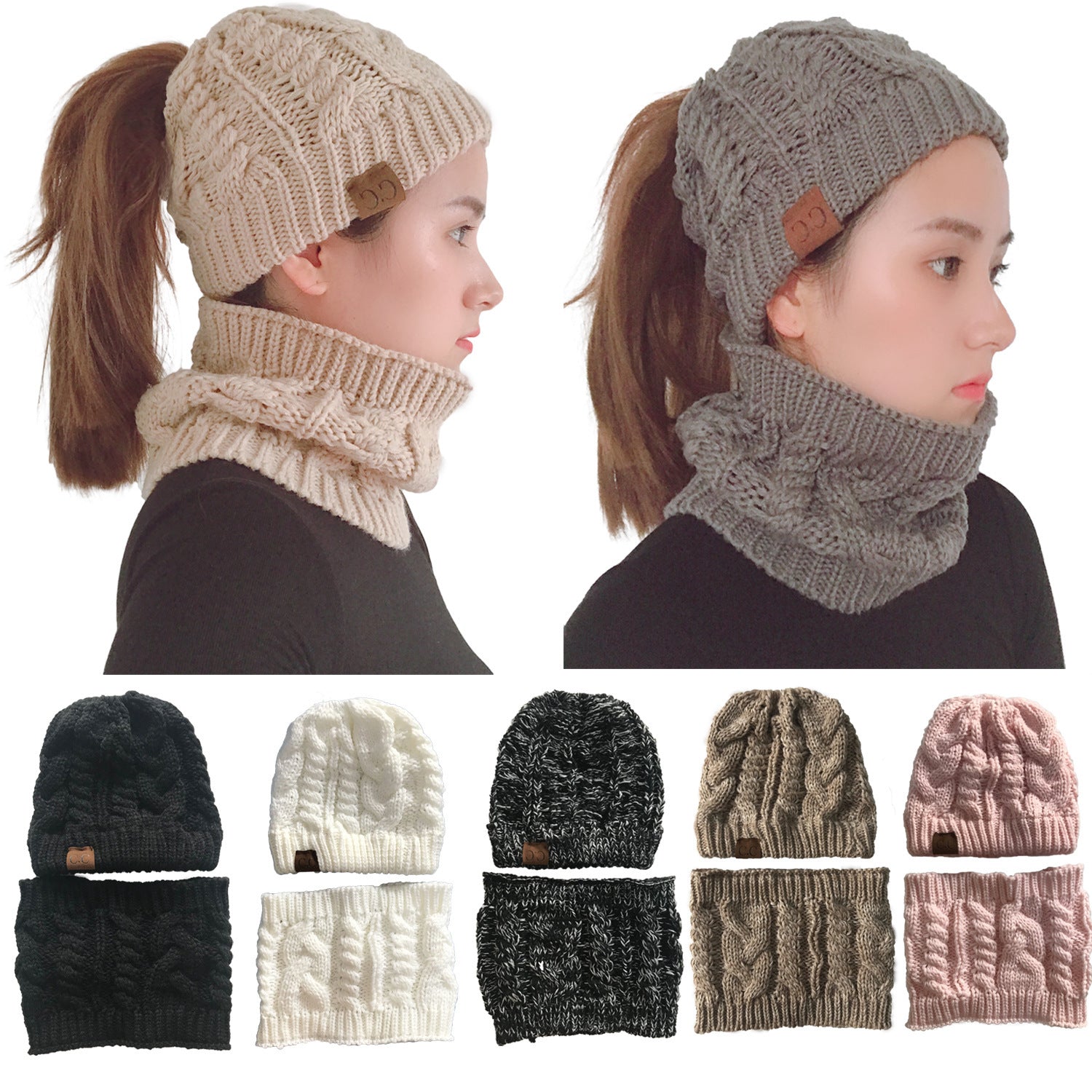 Warm Acrylic Knitted Women’s Autumn Winter Ponytail Hat and Ring Scarf Set