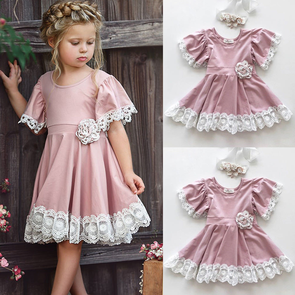 Girls Lace Dress Princess Cut Cotton Pink Party Dress