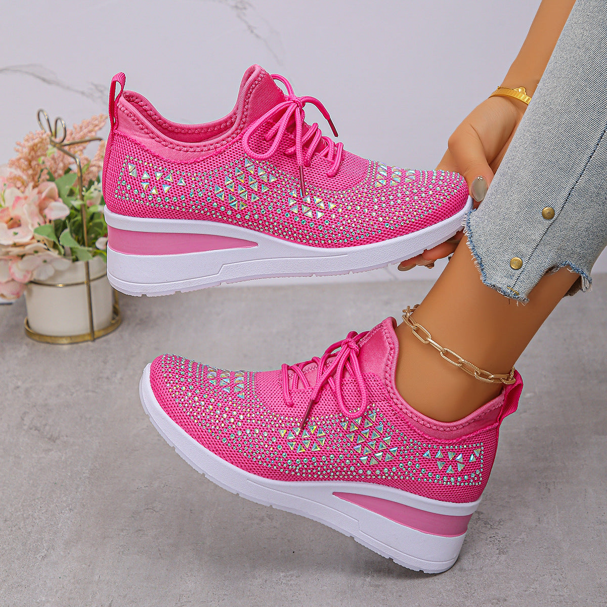 Womens Lace Up Rhinestone Casual Shoes Solid Color Mesh