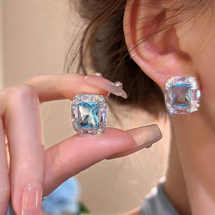 Women's Aquamarine Square Sugar Stud Earrings Zinc Alloy