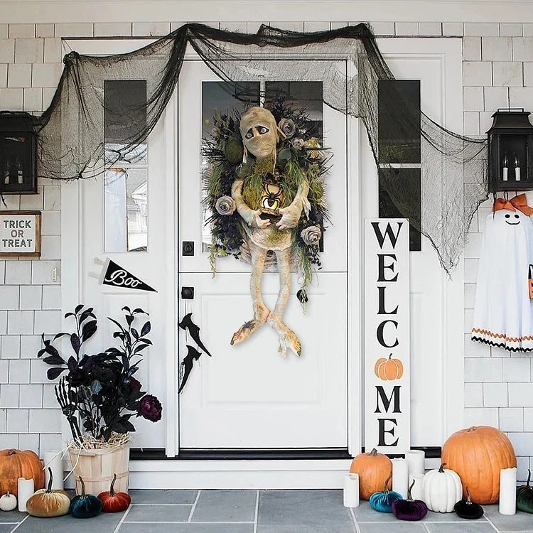 Halloween Mummy Wreath Pendant – Spooky Door Hanging Decoration for Haunted House and Party Supplies