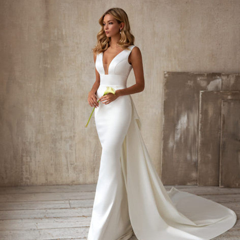 Sexy White V-Neck Sleeveless Long A-Line Wedding Dress