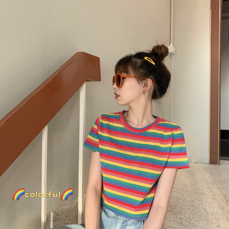 Loose Rainbow Stripes Short Sleeve T-shirt Top