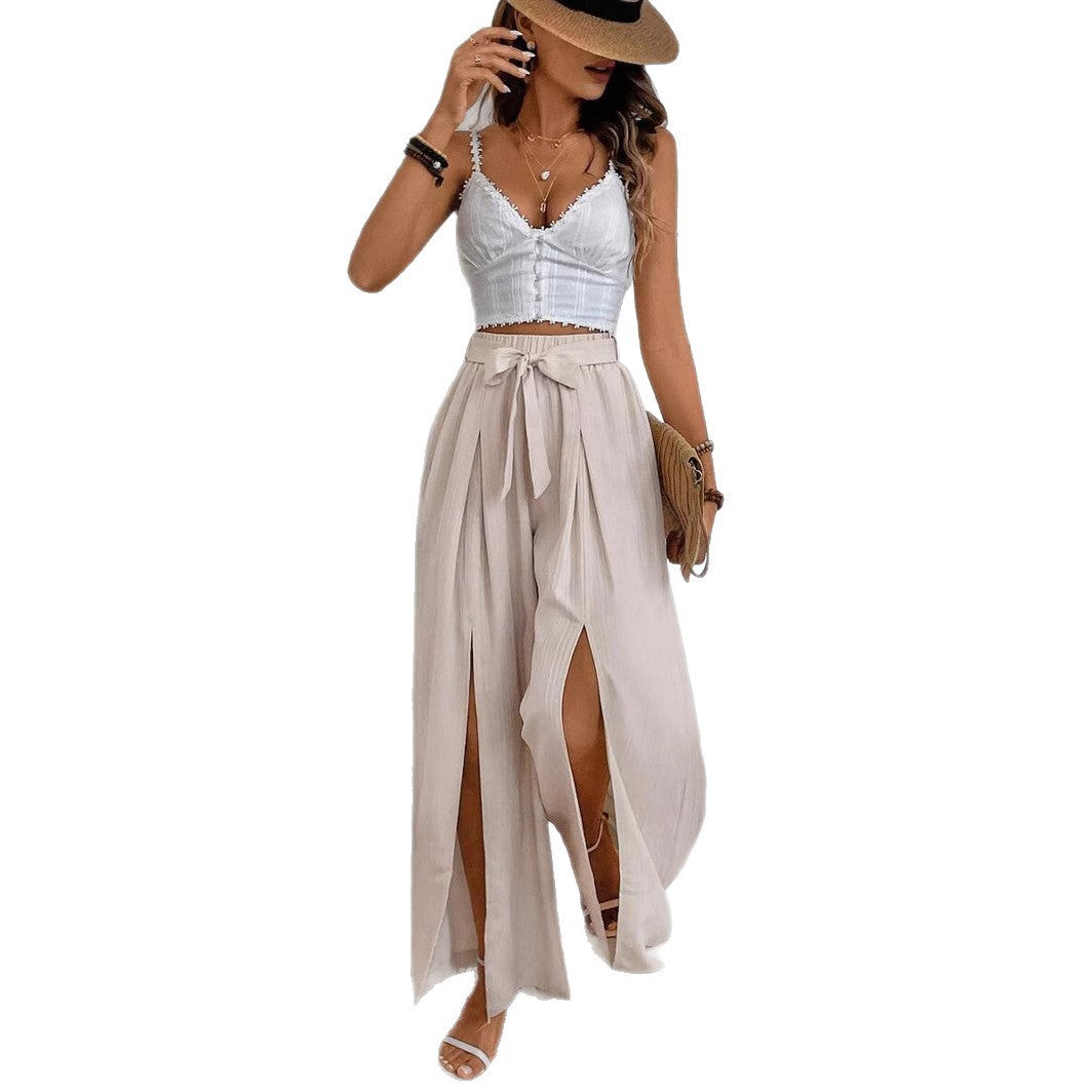 High Waist Apricot Wide-Leg Pants – Women’s Lace-Up Loose Trousers