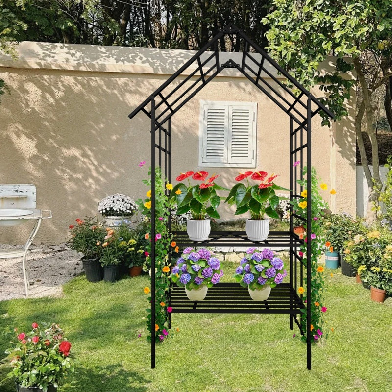 Metal Garden Arch with Convertible Benches – Outdoor Rose Arch with Climbing Plant Support, Black