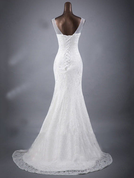 Elegant Lace Slim Double Shoulder Fishtail Wedding Dress with Tail
