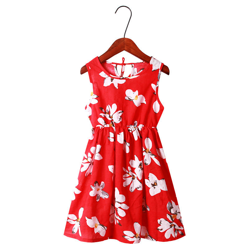 Children's Dress Lovely Print Leaf Vest Princess Skirt