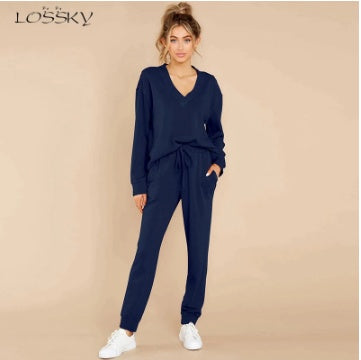 Unisex V Neck Loose Polyester Lounge Suit Solid Color