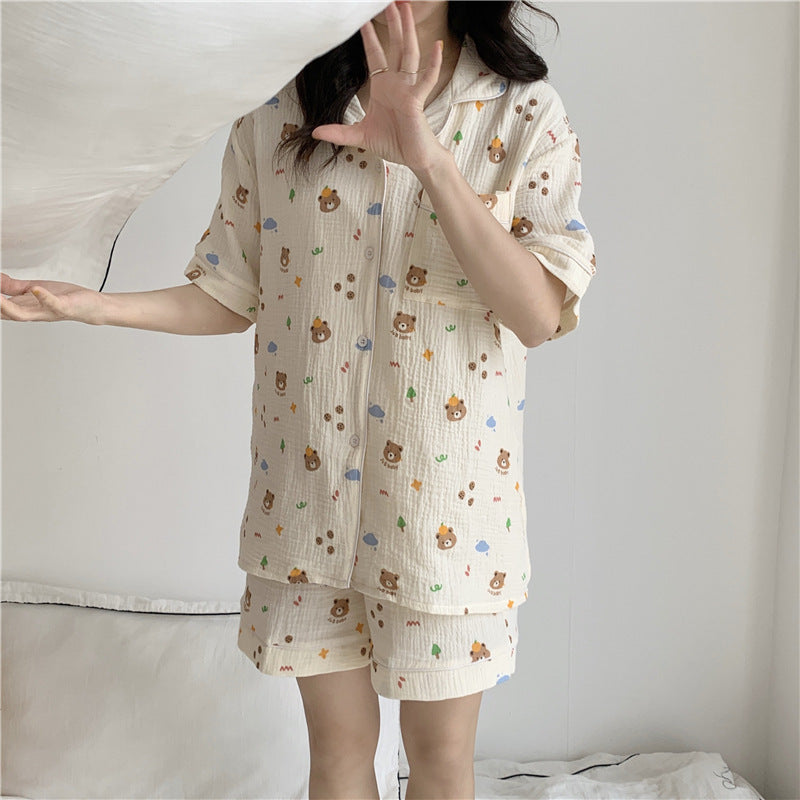 Pure Cotton Bear Head Loungewear Short Sleeve Cardigan Set