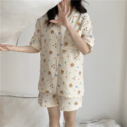 Unisex Cotton Bear Head Short Sleeve Cardigan Set Relaxed