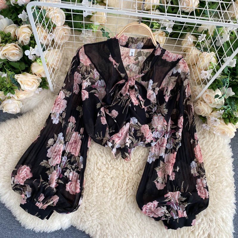 French Retro Girly Age-reducing Blouse Women V-neck Bow Tie Lantern Long-sleeved Pure Printed Western Style Shirt Women